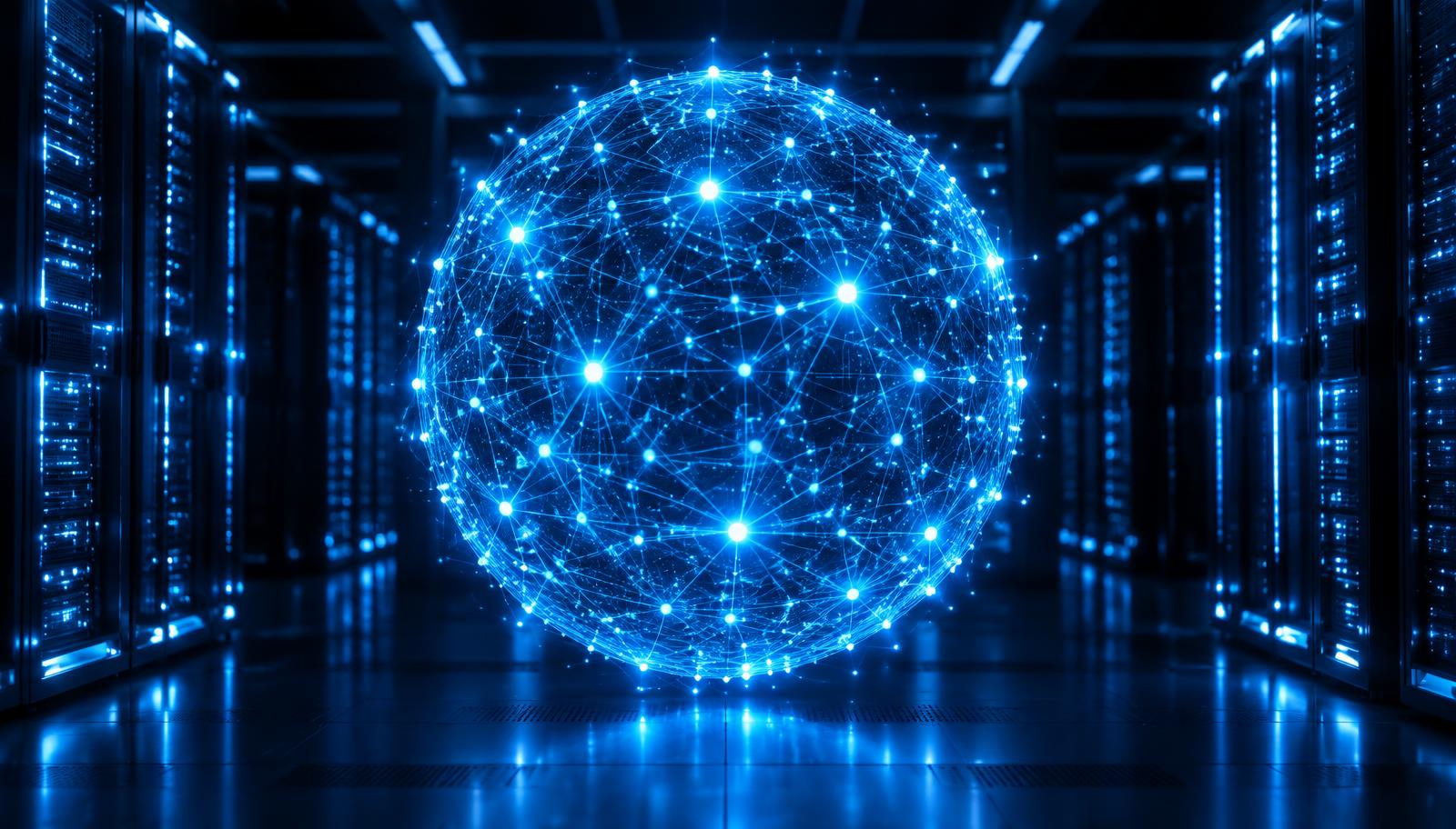 Abstract network of glowing nodes inside a data centre