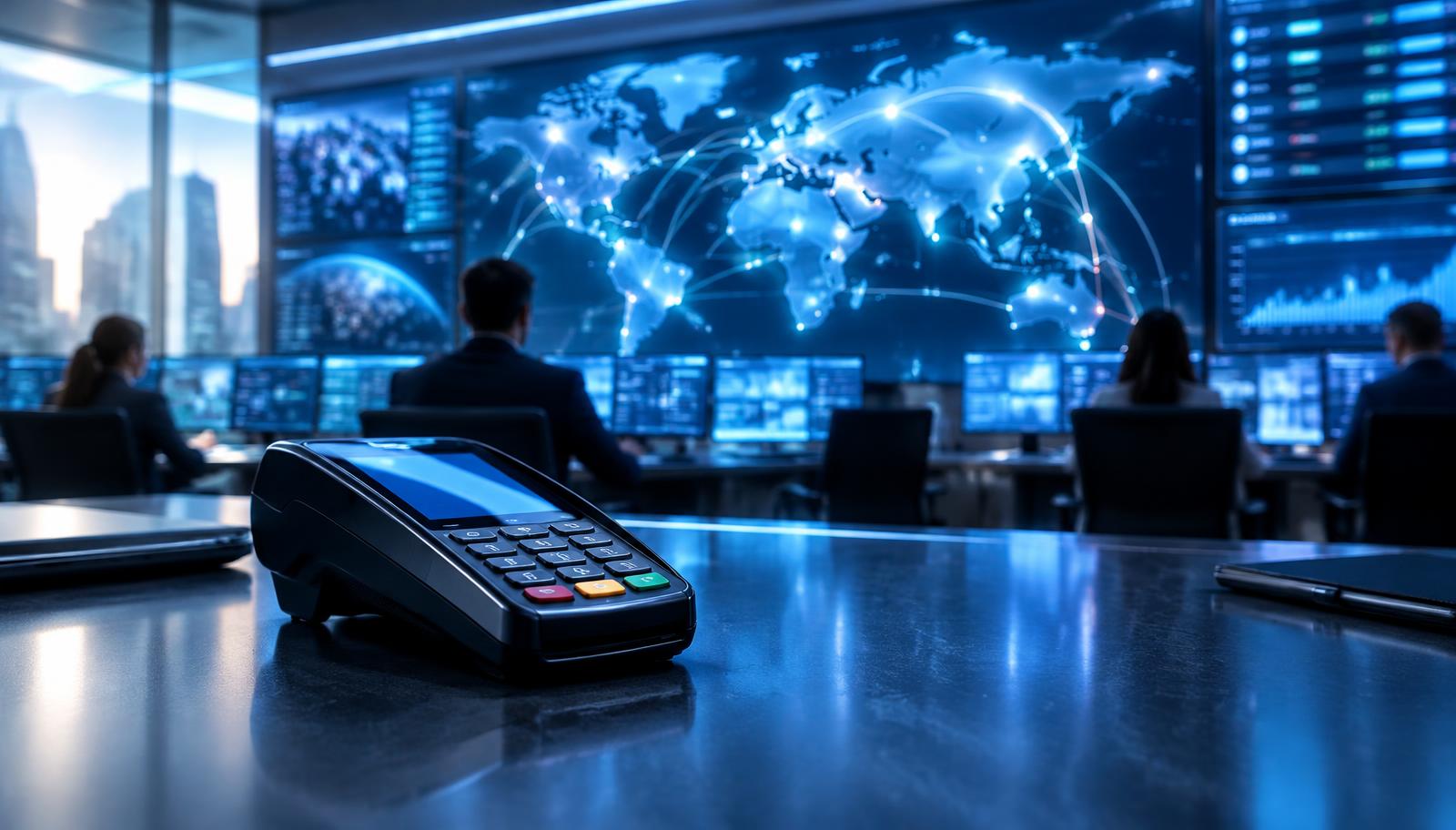 Payment terminal and card rails visualised in a control room